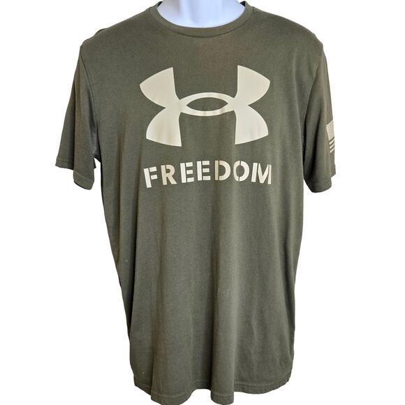 Under Armour Mens Freedom T-Shirt M Olive Green USA Flag Logo Athletic Tee - Picture 1 of 6